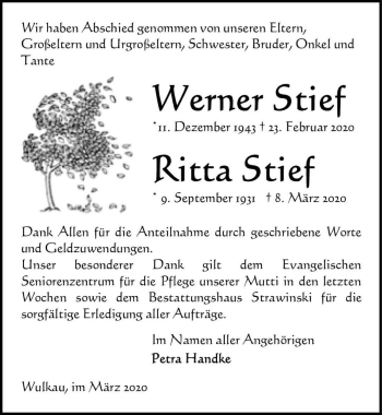 Traueranzeige von Ritta Stief  von Magdeburger Volksstimme