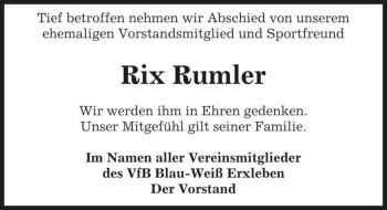 Traueranzeige von Rix Rumler  von Magdeburger Volksstimme