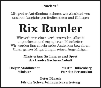 Traueranzeige von Rix Rumler  von Magdeburger Volksstimme