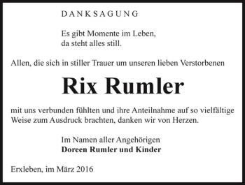 Traueranzeige von Rix Rumler  von Magdeburger Volksstimme