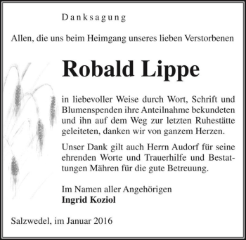 Traueranzeige von Robald Lippe  von Magdeburger Volksstimme