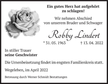 Traueranzeige von Robby Lindert  von Magdeburger Volksstimme