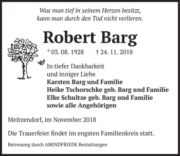 Traueranzeige von Robert Barg  von Magdeburger Volksstimme