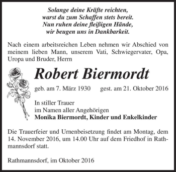 Traueranzeige von Robert Biermordt  von Magdeburger Volksstimme