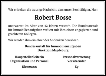 Traueranzeige von Robert Bosse  von Magdeburger Volksstimme