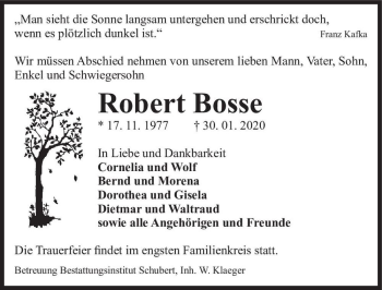 Traueranzeige von Robert Bosse  von Magdeburger Volksstimme