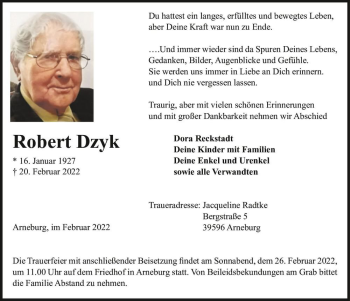 Traueranzeige von Robert Dzyk  von Magdeburger Volksstimme