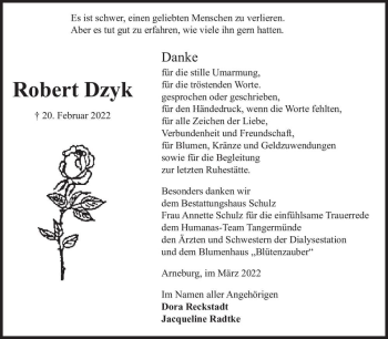 Traueranzeige von Robert Dzyk  von Magdeburger Volksstimme