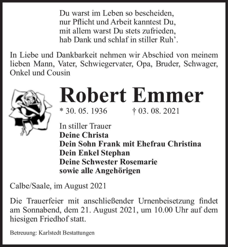  Traueranzeige für Robert Emmer  vom 07.08.2021 aus Magdeburger Volksstimme