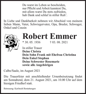 Traueranzeige von Robert Emmer  von Magdeburger Volksstimme