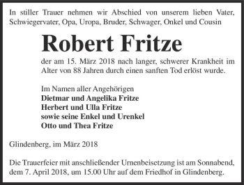 Traueranzeige von Robert Fritze  von Magdeburger Volksstimme