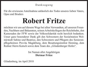 Traueranzeige von Robert Fritze  von Magdeburger Volksstimme