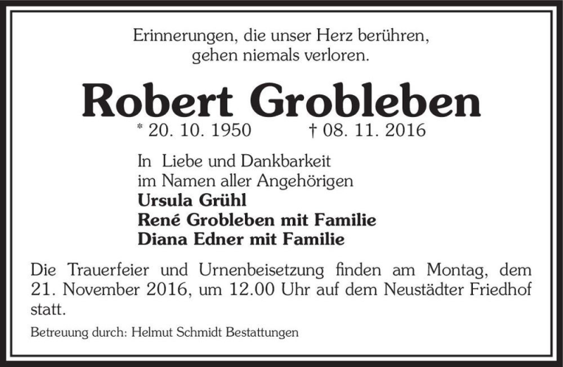  Traueranzeige für Robert Grobleben  vom 12.11.2016 aus Magdeburger Volksstimme