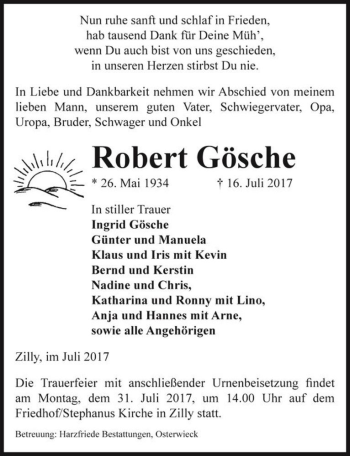 Traueranzeige von Robert Gösche  von Magdeburger Volksstimme