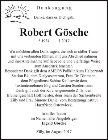 Traueranzeige von Robert Gösche  von Magdeburger Volksstimme