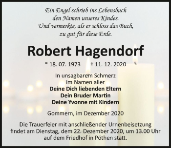 Traueranzeige von Robert Hagendorf  von Magdeburger Volksstimme