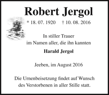 Traueranzeige von Robert Jergol  von Magdeburger Volksstimme