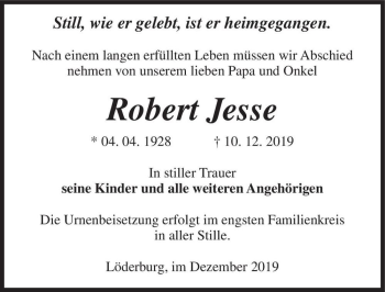 Traueranzeige von Robert Jesse  von Magdeburger Volksstimme