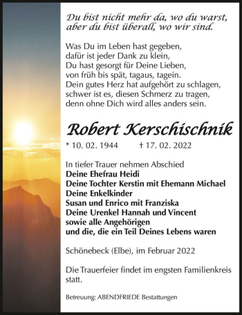 Traueranzeige von Robert Kerschischnik  von Magdeburger Volksstimme