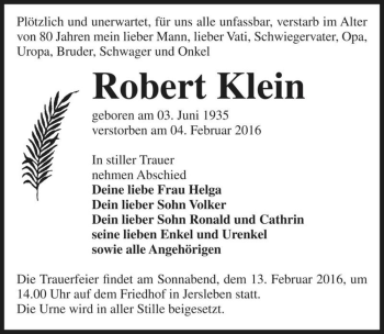 Traueranzeige von Robert Klein  von Magdeburger Volksstimme