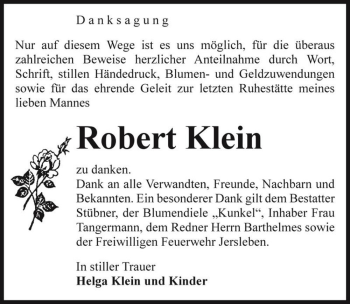 Traueranzeige von Robert Klein  von Magdeburger Volksstimme