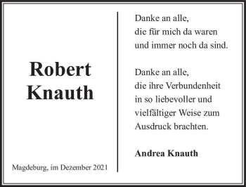 Traueranzeige von Robert Knauth  von Magdeburger Volksstimme