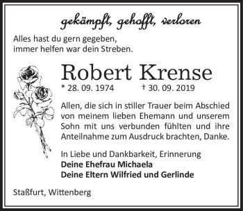 Traueranzeige von Robert Krense  von Magdeburger Volksstimme