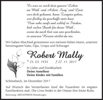 Traueranzeige von Robert Mally  von Magdeburger Volksstimme