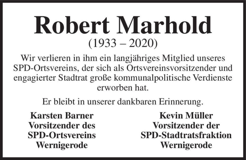  Traueranzeige für Robert Marhold  vom 28.08.2020 aus Magdeburger Volksstimme