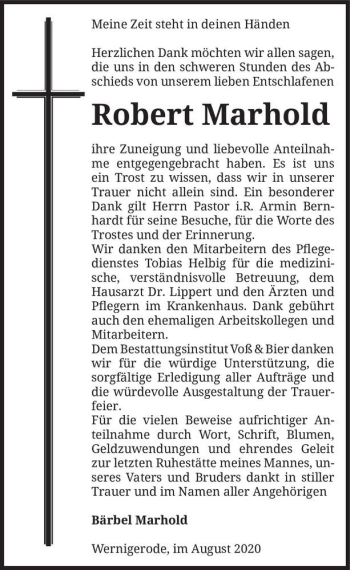Traueranzeige von Robert Marhold  von Magdeburger Volksstimme