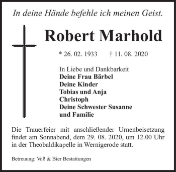 Traueranzeige von Robert Marhold  von Magdeburger Volksstimme