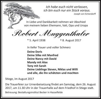 Traueranzeige von Robert Muggenthaler  von Magdeburger Volksstimme