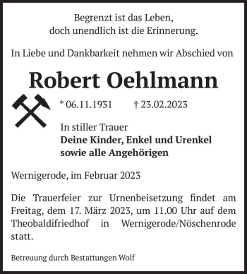 Traueranzeige von Robert Oehlmann  von Magdeburger Volksstimme