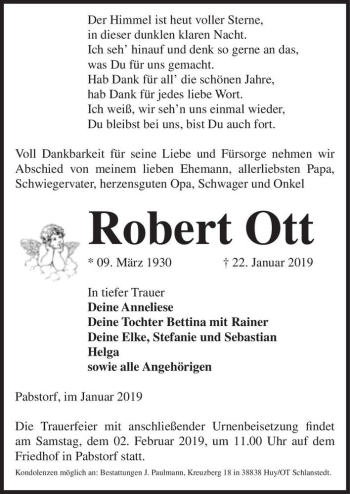 Traueranzeige von Robert Ott  von Magdeburger Volksstimme