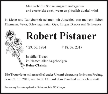 Traueranzeige von Robert Pistauer  von Magdeburger Volksstimme