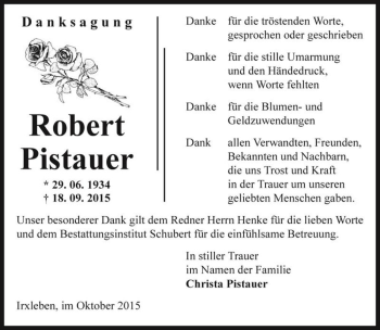 Traueranzeige von Robert Pistauer  von Magdeburger Volksstimme