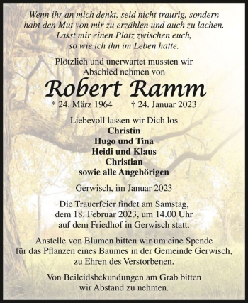 Traueranzeige von Robert Ramm  von Magdeburger Volksstimme