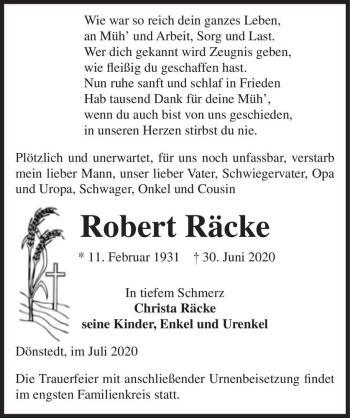 Traueranzeige von Robert Räcke  von Magdeburger Volksstimme