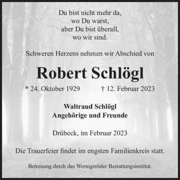 Traueranzeige von Robert Schlögl  von Magdeburger Volksstimme