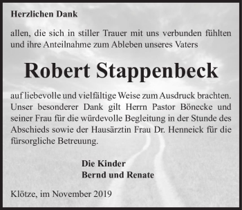 Traueranzeige von Robert Stappenbeck  von Magdeburger Volksstimme