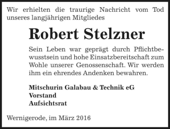 Traueranzeige von Robert Stelzner  von Magdeburger Volksstimme
