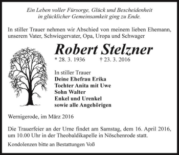 Traueranzeige von Robert Stelzner  von Magdeburger Volksstimme