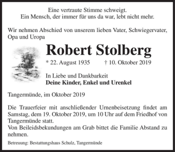 Traueranzeige von Robert Stolberg  von Magdeburger Volksstimme