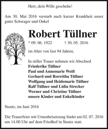 Traueranzeige von Robert Tüllner  von Magdeburger Volksstimme