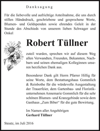 Traueranzeige von Robert Tüllner  von Magdeburger Volksstimme