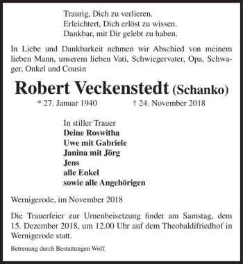 Traueranzeige von Robert Veckenstedt (Schanko)  von Magdeburger Volksstimme
