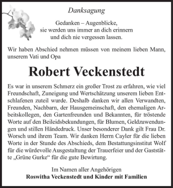 Traueranzeige von Robert Veckenstedt  von Magdeburger Volksstimme