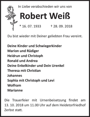 Traueranzeige von Robert Weiß  von Magdeburger Volksstimme