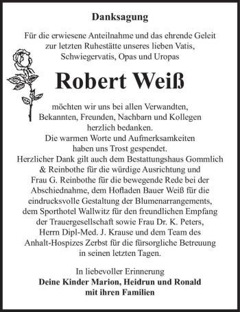 Traueranzeige von Robert Weiß  von Magdeburger Volksstimme