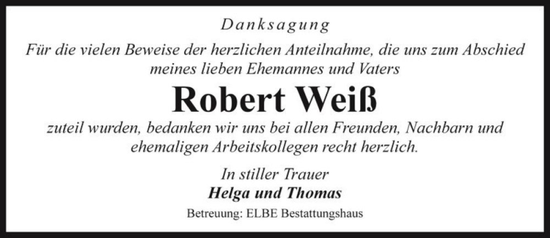  Traueranzeige für Robert Weiß  vom 11.02.2017 aus Magdeburger Volksstimme